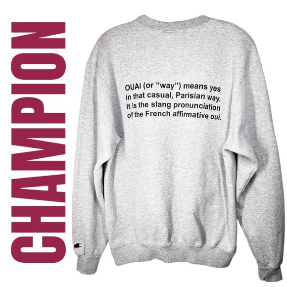 CHAMPION SWEATSHIRT FRENCH TEXT OUAI GRAPHIC GRAY BLACK, SIZE MEDIUM - Picture 2 of 9